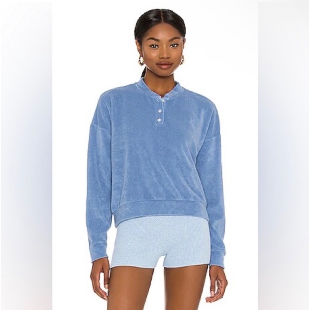 DONNI Terry Henley Sweatshirt Denim Blue Relaxed Pullover Size L